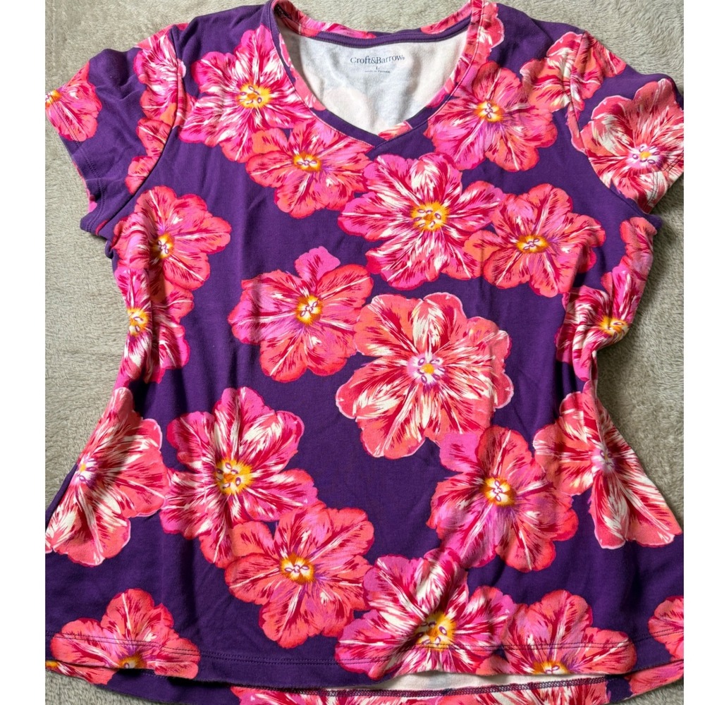 Croft & Barrow Womens Large Purple Pink Floral Hibiscus Cotton T-Shirt Basics